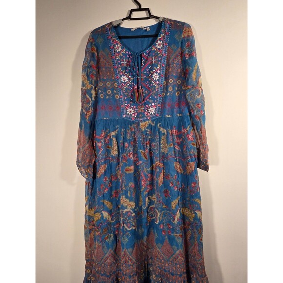 Soft Surroundings Dress XL Blue Mirapani Prairie Tiered Boho Embroidered Maxi - Picture 4 of 13